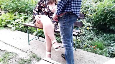 Stepmom stuffs her thick thighs with cum while flashing in the park