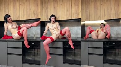 Shaved slut stepsis rides dildo while fingering tattooed pussy