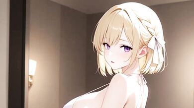 Horny bridesmaid deepthroats the groom’s massive cock until his cum drips from her tits while bride walks in