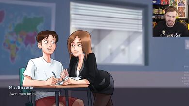 Caught staring at teacher's big tits while she masturbates