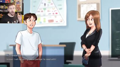 Caught staring at teacher's big tits while she masturbates