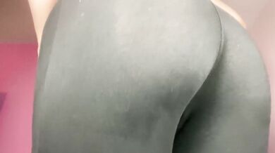 Sheer black leggings reveal all Slutty Babe masturbating gym solo