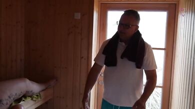 Sauna Aufguss explodes with big ass milf cumshot threesome