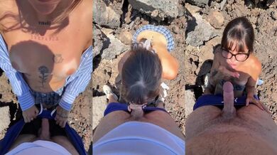 Outdoor blowjob deep throat big cumshot on tattooed brunette