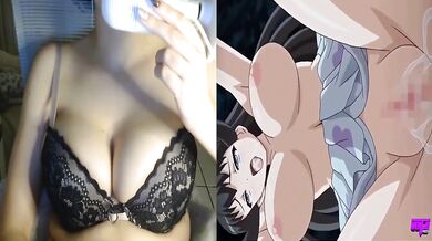 Big tits beauty pounded by huge cock while she watches hentai cumshots