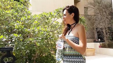 POV destroyed her soaked hairy pussy in the city yard peeing