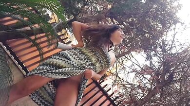 POV destroyed her soaked hairy pussy in the city yard peeing