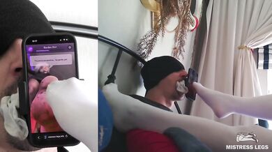 Foot Worship Developer gets Nylon Socks Muffled Slave while playing with her feet