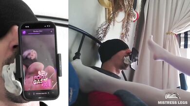 Foot Worship Developer gets Nylon Socks Muffled Slave while playing with her feet