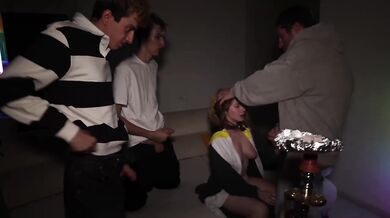Three hung guys with giant cocks cram every hole at the party gangbang orgy