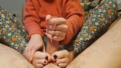 MILF feet handjob cumshot compilation ruined by thick toes and fishnets