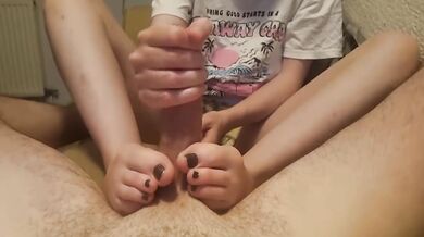 MILF feet handjob cumshot compilation ruined by thick toes and fishnets