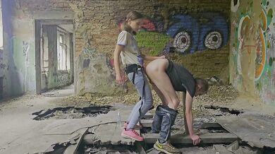 Russian Mistress destroys slave in forest abandoned building merciless strapon pegging public