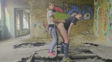 Russian Mistress destroys slave in forest abandoned building merciless strapon pegging public