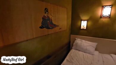 Thick Asian MILF destroys dude in hotel room anal ride with creampie finish