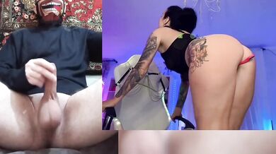 Tattooed girl tears up her shaved pussy while squeezing chocolate asshole solo reaction vid