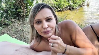 Blonde milf deepthroat blowjob on riverbank with cum in mouth