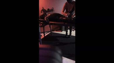Raw gas mask breath play with tight latex bonded and jerked off