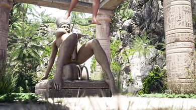 Lara Croft's cursed tomb gets her bouncing on monster cock while statues watch