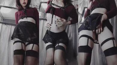 Alt girl in leather harness teasing herself with burgundy lingerie solo
