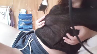 Japanese BBW's trembling nipples through mesh tease out cum