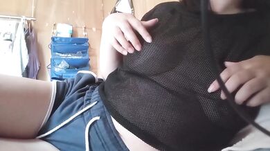 Japanese BBW's trembling nipples through mesh tease out cum