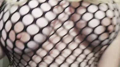 Blonde curvy goddess rides POV in netted shirt with massive tits bouncing