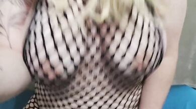 Blonde curvy goddess rides POV in netted shirt with massive tits bouncing