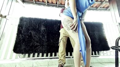 Couple gets wild on balcony during party fucking a stranger in sundress