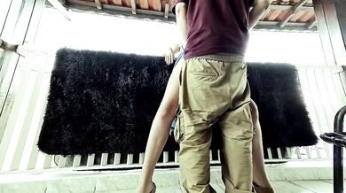 Couple gets wild on balcony during party fucking a stranger in sundress