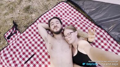 POV cumshot on camping blanket blonde amateur couple doggy style outdoors