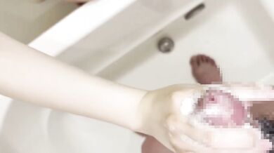 Japanese nurse licks balls in steaming bath huge tits soapy hands stroke cock
