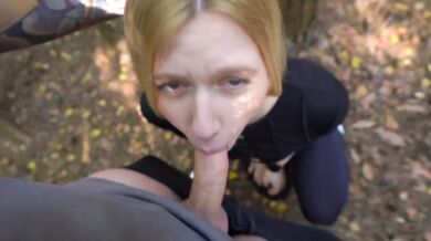 Blonde bent over fucked in forest doggystyle deepthroat cumshot public sex