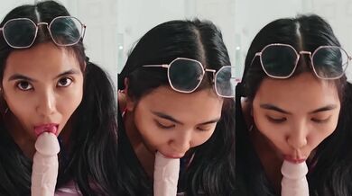 Tiny Asian babe gobbles massive cock in bikini slut mode