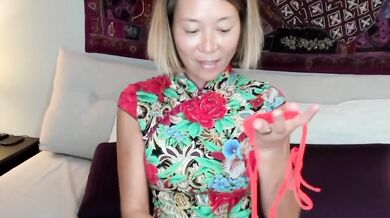 Asian MILF teases husband with homemade blowjob in sexy chi-pao warm up teased to hardcore creampie