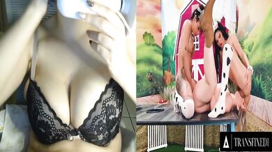 Thirsty for futanari creamy milk trashed by 2 huge dicks deepthroat DP