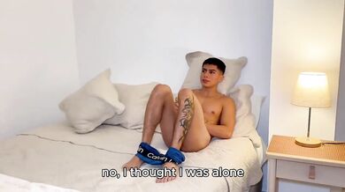 Step mom catches stepson cumming and gives him a sloppy handjob with those massive tits