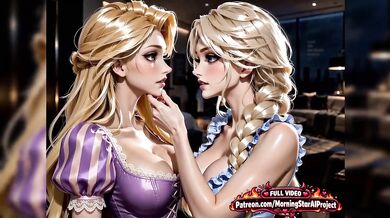 Elsa x Rapunzel share bed on trip cumshot fantasy fuck