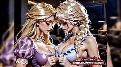 Elsa x Rapunzel share bed on trip cumshot fantasy fuck