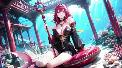 Redhead Mermaid Queen gets her forbidden feast in the underwater palace while black kimono stays soaked