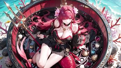 Redhead Mermaid Queen gets her forbidden feast in the underwater palace while black kimono stays soaked