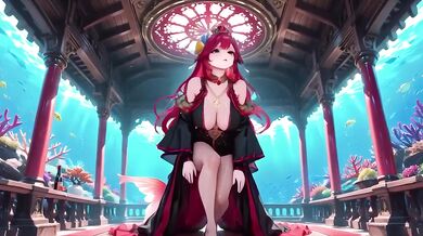 Redhead Mermaid Queen gets her forbidden feast in the underwater palace while black kimono stays soaked