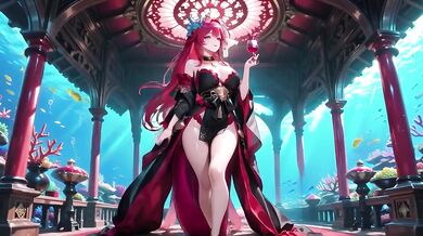 Redhead Mermaid Queen gets her forbidden feast in the underwater palace while black kimono stays soaked