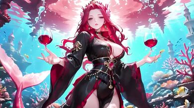 Redhead Mermaid Queen gets her forbidden feast in the underwater palace while black kimono stays soaked
