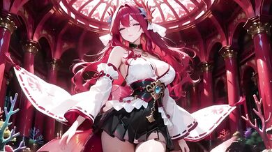 Redhead Mermaid Queen gets her forbidden feast in the underwater palace while black kimono stays soaked