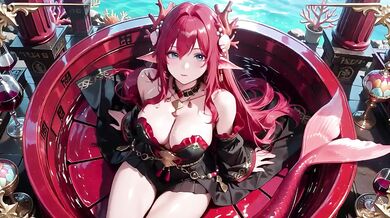 Redhead Mermaid Queen gets her forbidden feast in the underwater palace while black kimono stays soaked