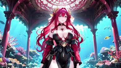 Redhead Mermaid Queen gets her forbidden feast in the underwater palace while black kimono stays soaked