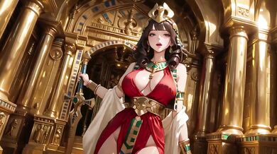Ancient Egyptian Queen degraded on her golden throne in red and gold