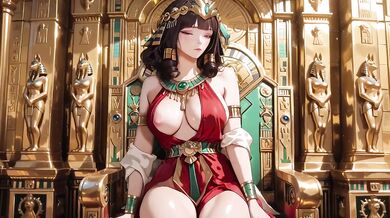 Ancient Egyptian Queen degraded on her golden throne in red and gold