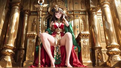 Ancient Egyptian Queen degraded on her golden throne in red and gold